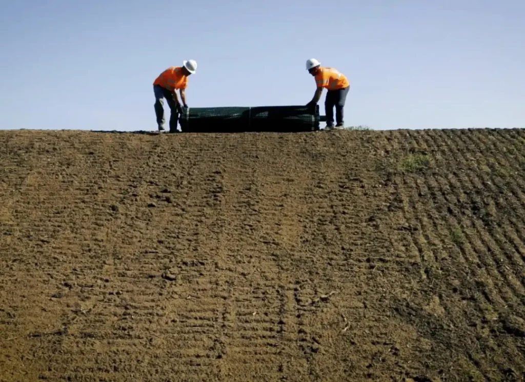 Workers installing geotextile fabric.