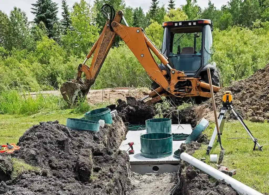 Excavator digging in dirt.